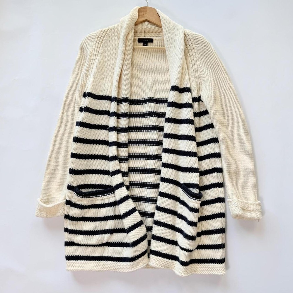 J.Crew Women's XS Cream Black Striped Open Front Cardigan